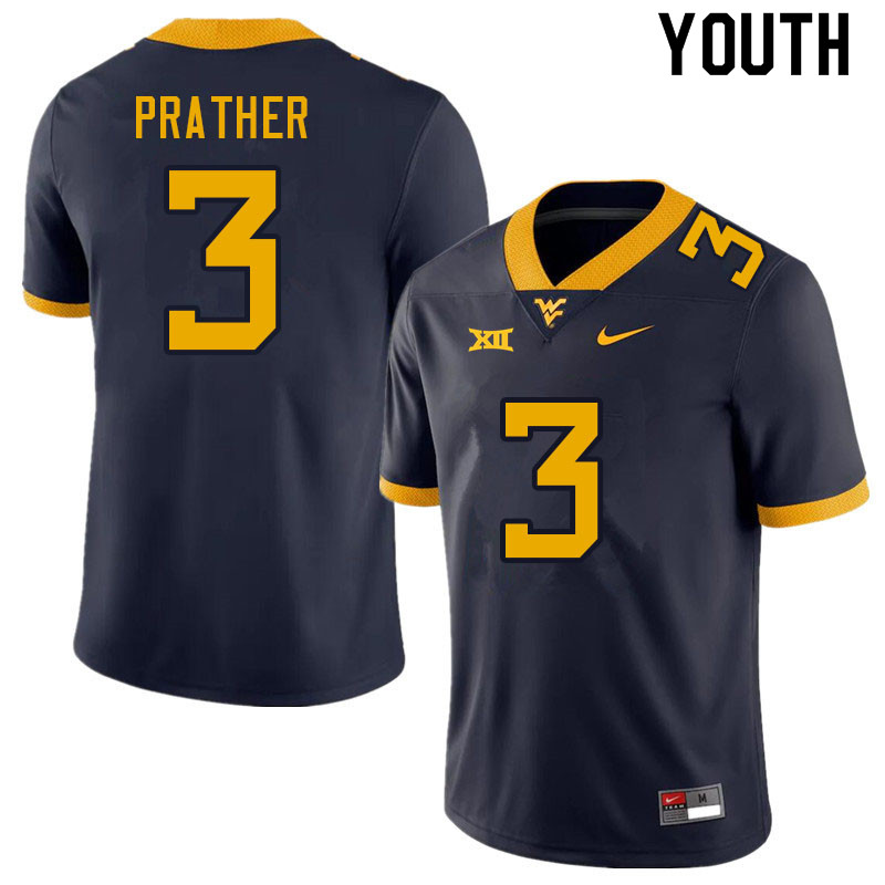 Youth #3 Kaden Prather West Virginia Mountaineers College Football Jerseys Sale-Navy - Click Image to Close